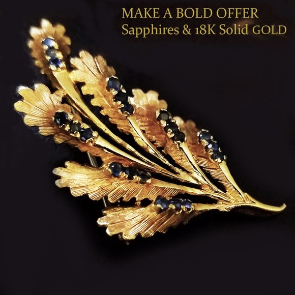Estate Fine Jewelry Jewelry - 💙💎GOLD ! Solid GOLD  HOST PICK💎💙LUXURY 1960's GOLD  SAPPHIRE 18k GOLD Brooch